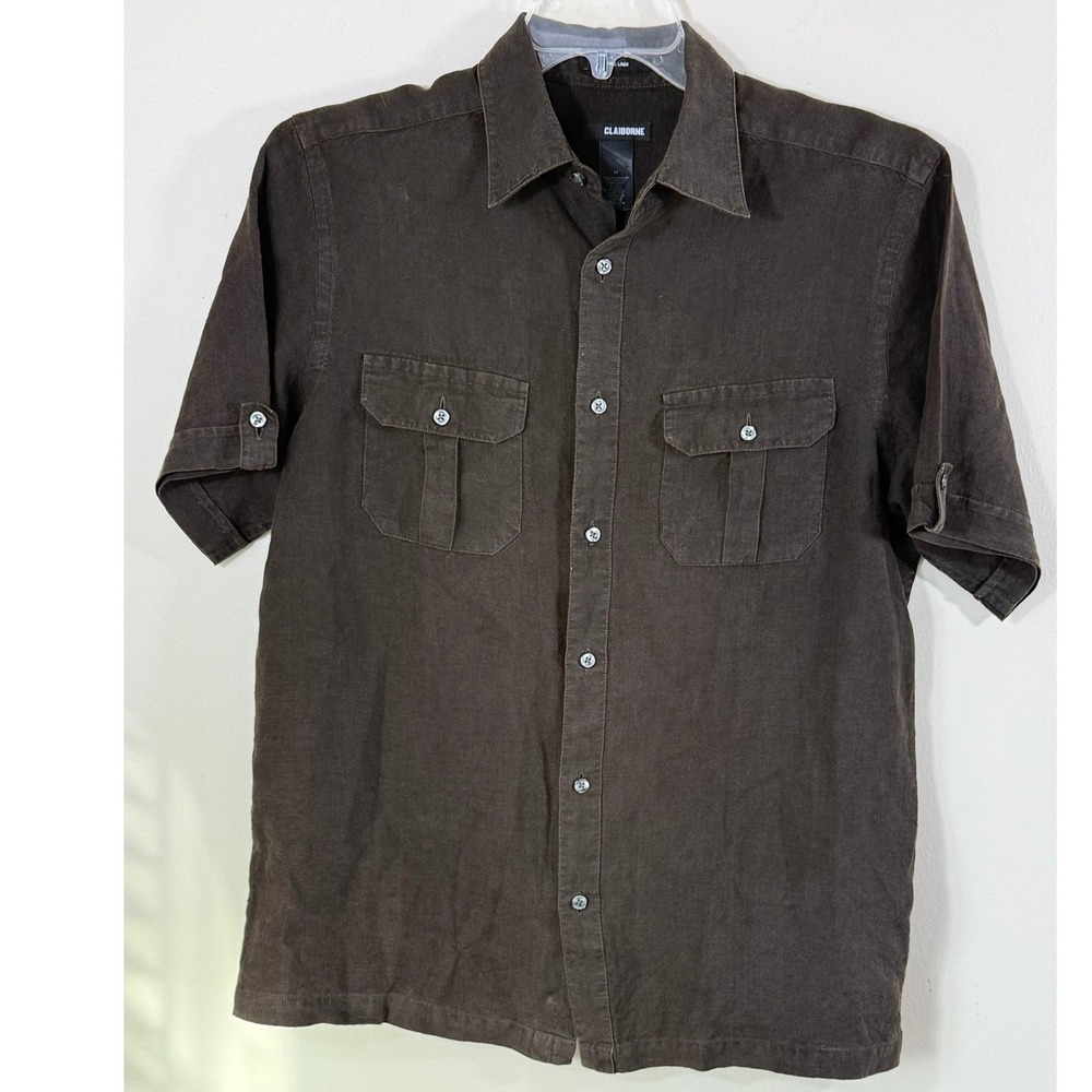 Claiborne 100% Linen Shirt Men M Tobacco Brown Button Up Camp Casual
